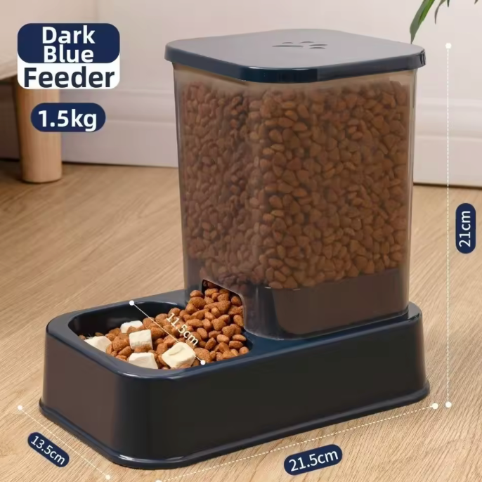 Mörkblå foderautomat för hund och katt
